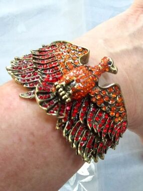 vintage red and orange rhinestone phoenix clamper bracelet ... sparkly cuff
